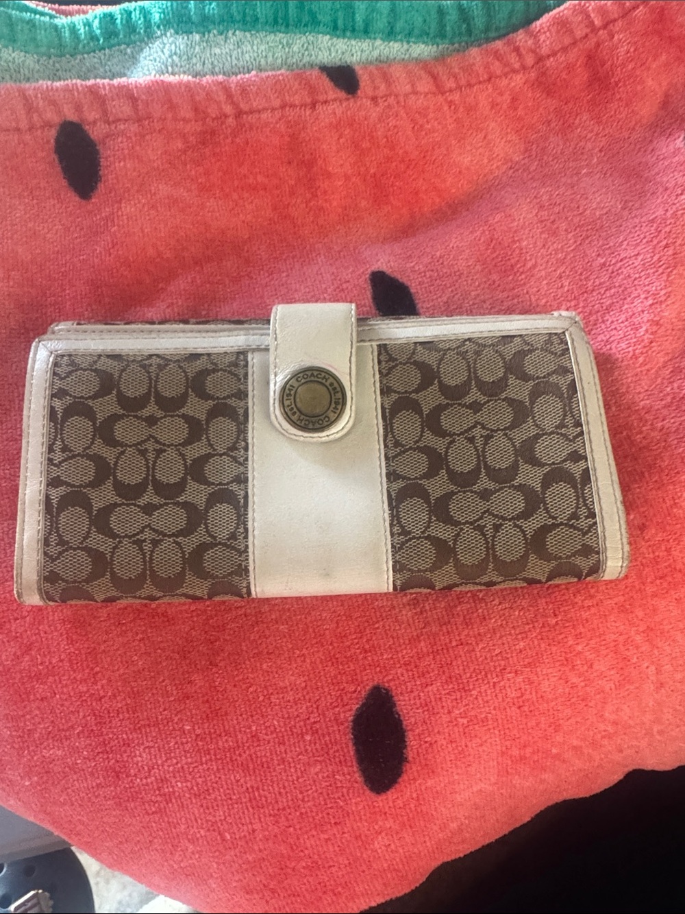 Coach Brown Signature Canvas Wallet with Cream Trim